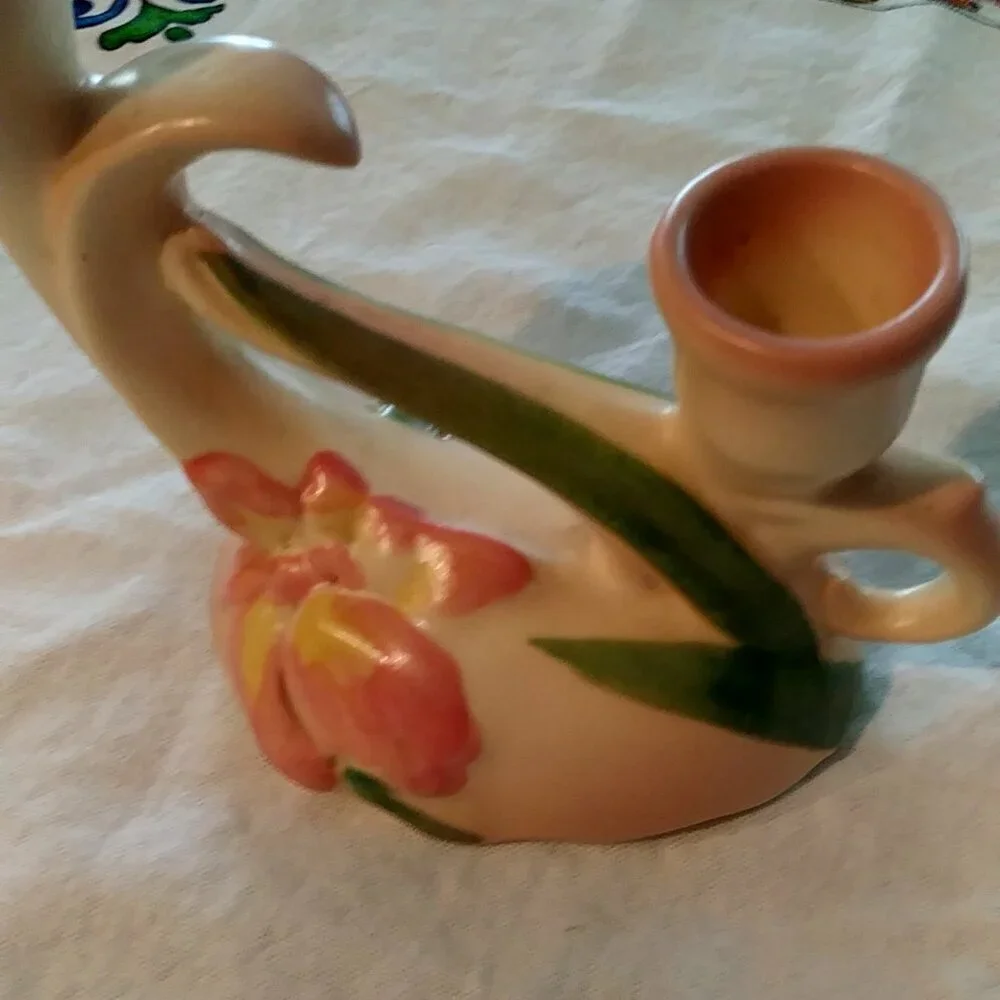 Vintage 1930s Camark Pottery Twin Candle Holder – Pink Iris Floral Art Deco US